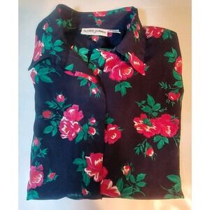 Alfred Dunner Women Top 14 Half Button Up Short Sleeve Wide Stretch Waist Floral